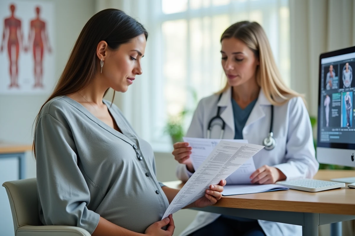 Femme enceinte consultant ses résultats d'analyses ALAT SGPT avec son médecin gynécologue en cabinet médical