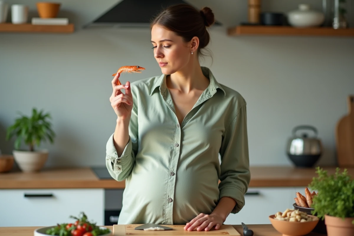 Femme enceinte examinant une crevette rose crue dans une cuisine moderne