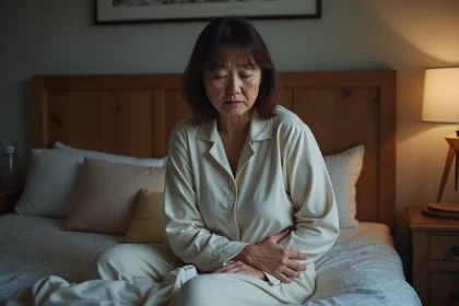 Femme d'&acirc;ge moyen en pyjama tenant son c&ocirc;t&eacute; gauche