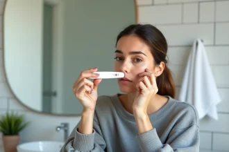 Femme tenant un test de grossesse et examinant attentivement le résultat dans une salle de bain moderne