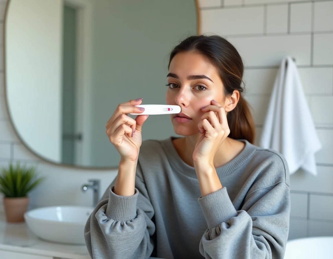 Femme tenant un test de grossesse et examinant attentivement le résultat dans une salle de bain moderne