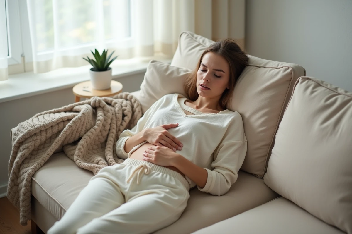Jeune femme épuisée allongée sur un canapé, illustrant la fatigue chronique et le lien entre stress hormonal et kystes aux ovaires