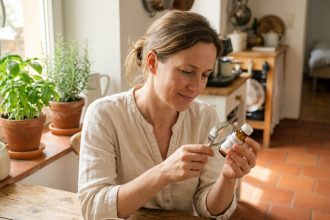 Femme lisant l'étiquette d'un flacon de granules homéopathiques dans une cuisine chaleureuse