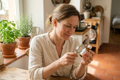 Femme lisant l'étiquette d'un flacon de granules homéopathiques dans une cuisine chaleureuse