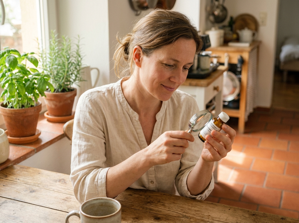 Femme lisant l'étiquette d'un flacon de granules homéopathiques dans une cuisine chaleureuse