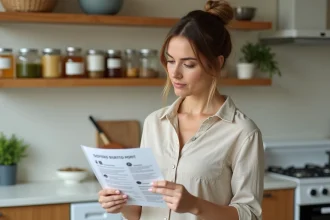 Femme lisant un guide de régime pour coloscopie dans une cuisine moderne avec des aliments autorisés sur le comptoir