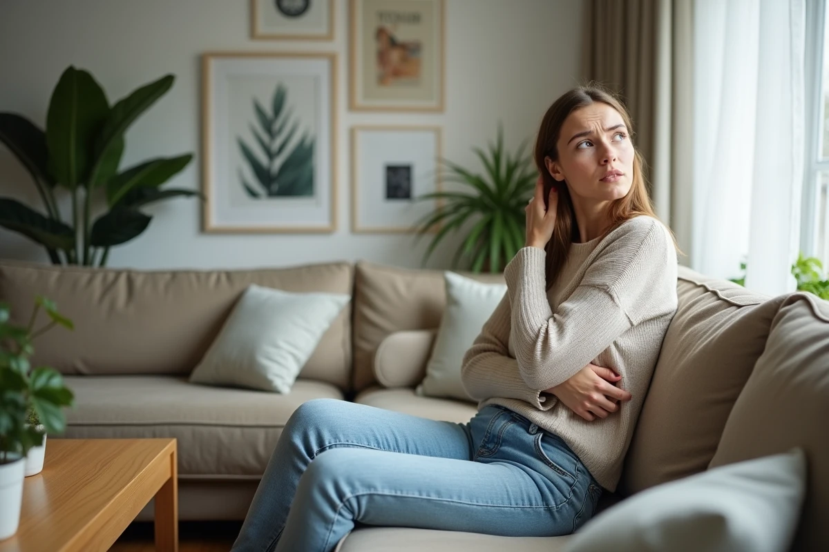 Femme inquiète assise sur un canapé dans le salon