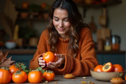Femme tenant un kaki mûr dans ses mains dans une cuisine rustique en automne, illustrant les bienfaits du kaki pour booster les défenses immunitaires