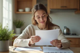 Jeune femme examine un rapport de laboratoire dans une cuisine lumineuse