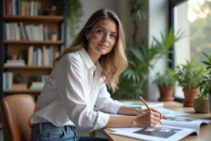 Femme concentr&eacute;e lisant un magazine dans un bureau moderne