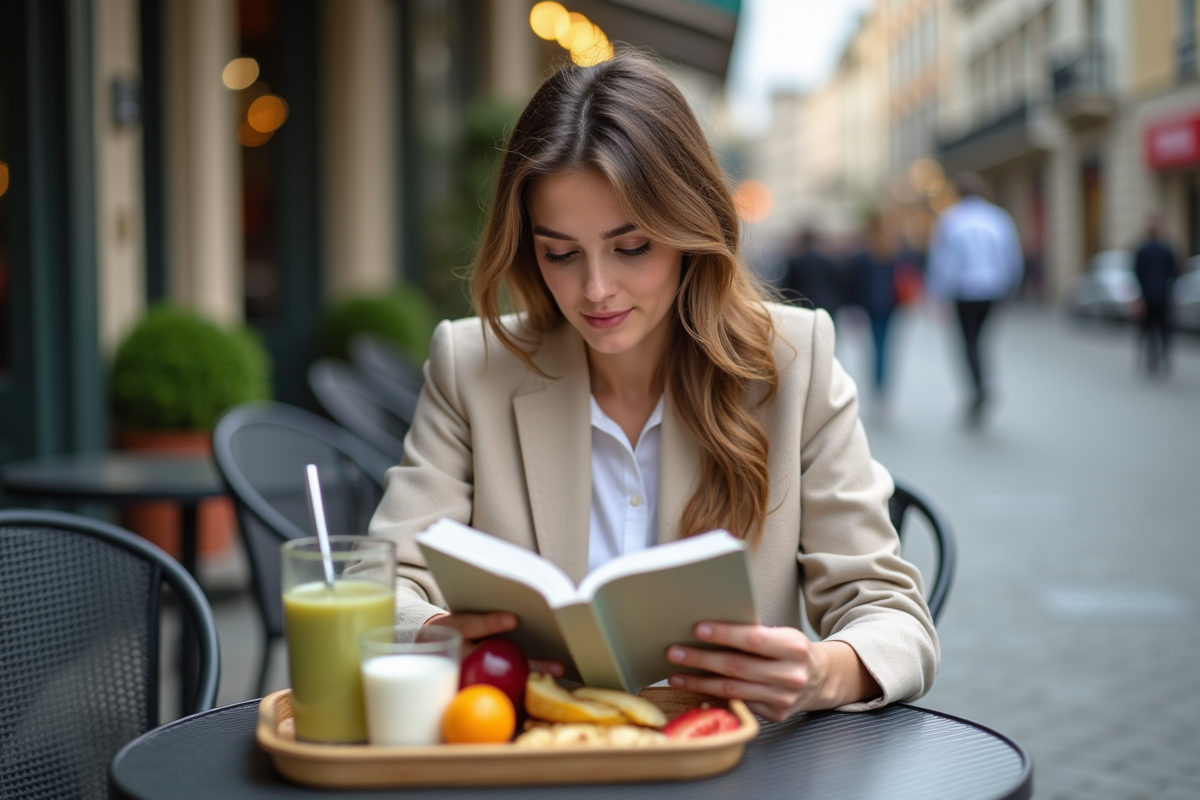 Jeune femme lisant un livre sur la nutrition en extérieur