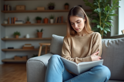Femme assise lisant un pamphlet médical dans un salon moderne