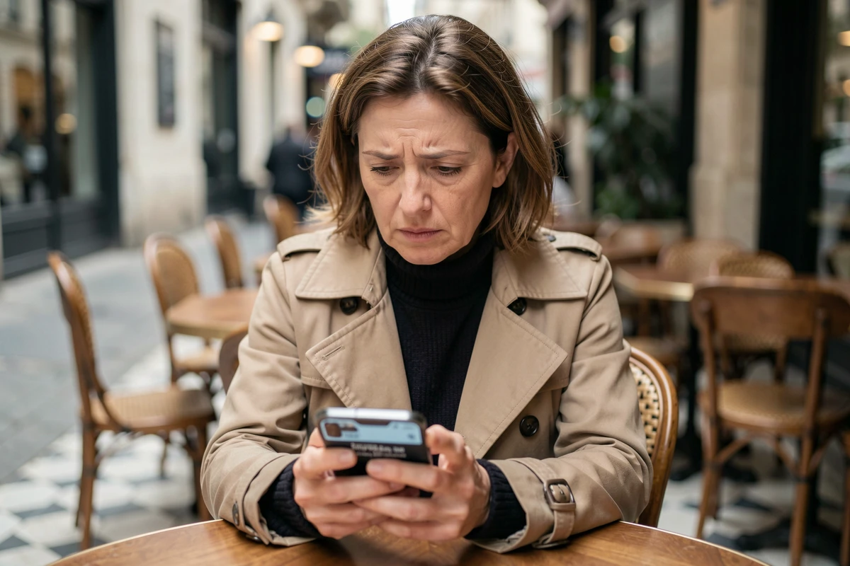 Femme lisant un article sur la santé d'Alain Madelin sur son smartphone dans un café parisien