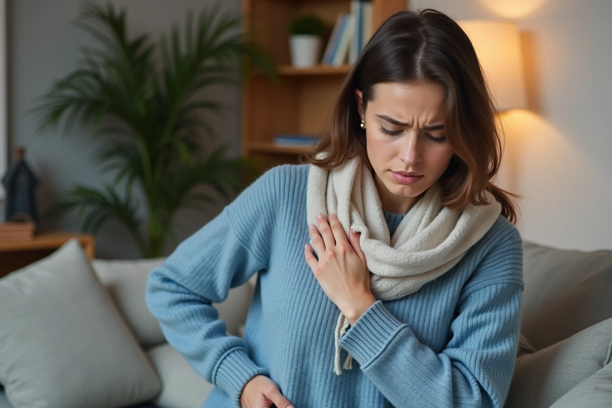 Femme assise sur un canapé avec une douleur au côté