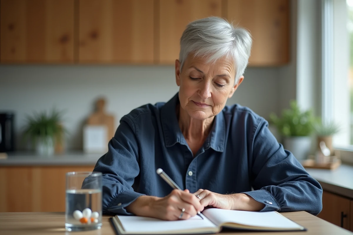 Femme mature prenant des notes sur ses symptômes et médicaments à la maison avant une consultation gynécologique