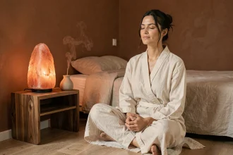 Femme en robe de lin méditant à côté d'une lampe de sel rose de l'Himalaya dans une chambre apaisante