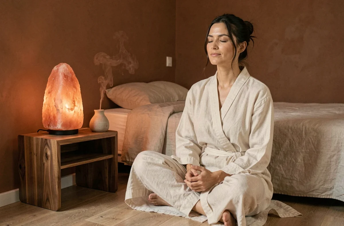 Femme en robe de lin méditant à côté d'une lampe de sel rose de l'Himalaya dans une chambre apaisante