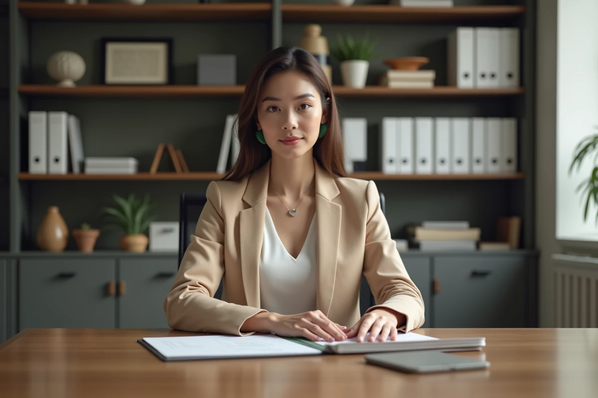 Femme adulte de petite taille en situation professionnelle dans un bureau, illustrant le nanisme proportionné et les variations de taille selon les formes de nanisme