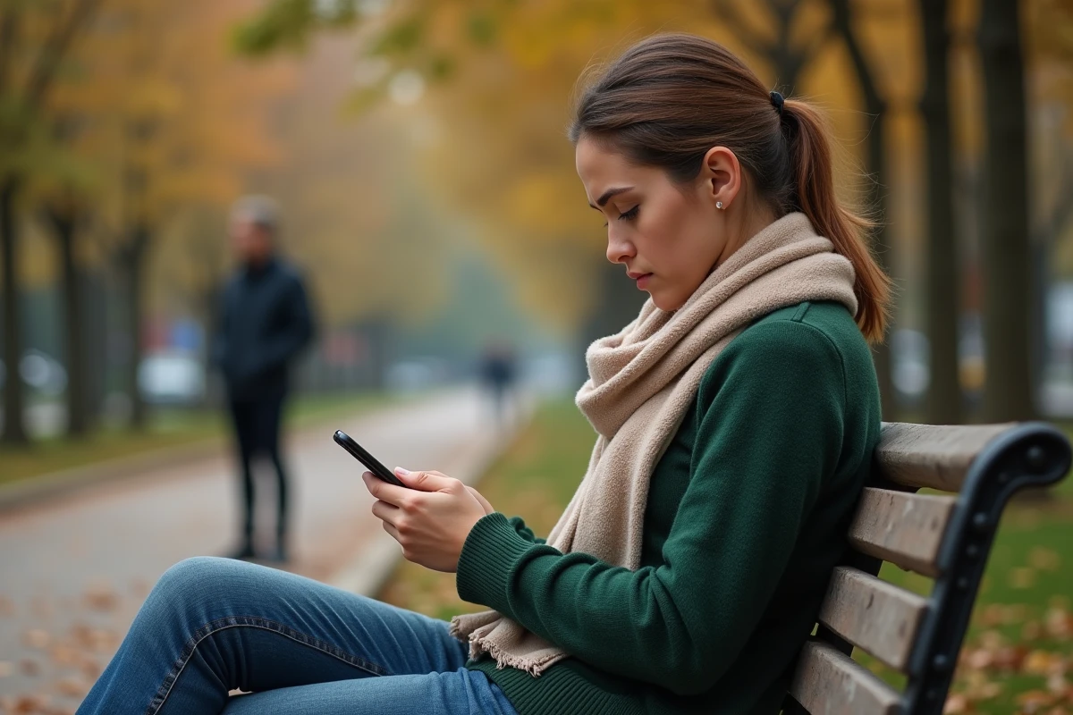 Jeune femme dans un parc urbain en train de texter