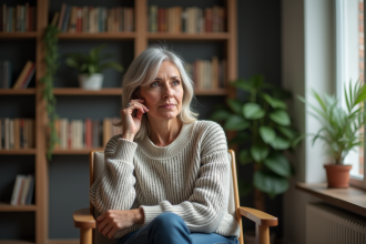 Femme pensive dans un salon calme et cosy