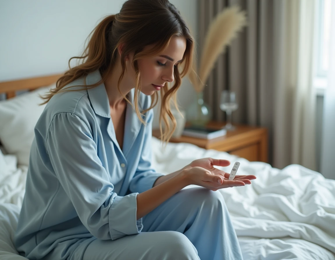 Femme assise sur un lit tenant un test de grossesse dans la main avec une expression pensive et interrogative