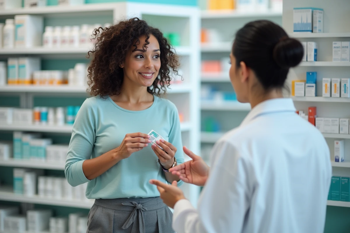 Femme en pharmacie posant des questions sur un traitement gynécologique et ses effets sur le poids à la pharmacienne