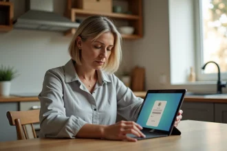 Femme consultant le portail Medisys sur une tablette depuis sa cuisine à domicile