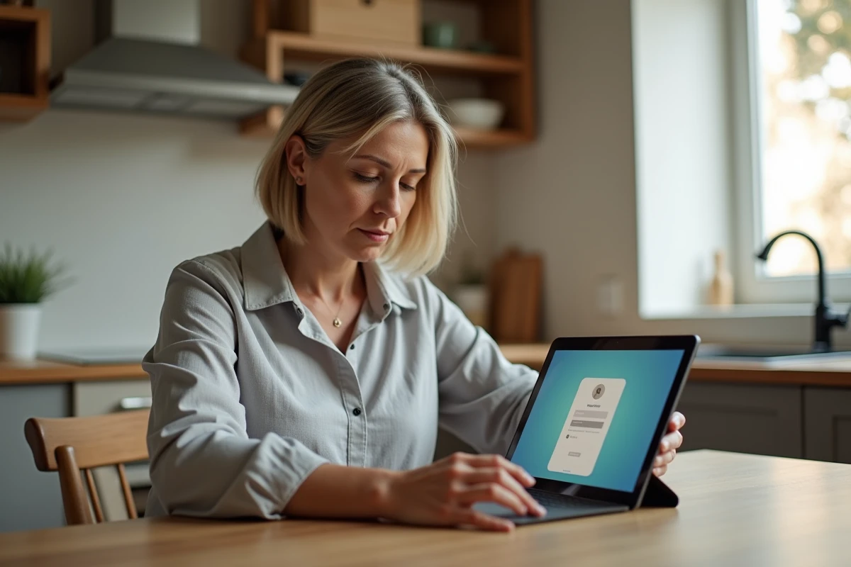Femme consultant le portail Medisys sur une tablette depuis sa cuisine à domicile