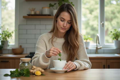 Femme préparant une tisane aux herbes dans la cuisine