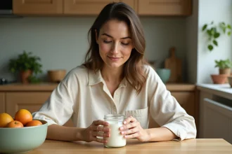 Femme tenant un pot de yaourt probiotique dans une cuisine saine et naturelle, illustrant l'alimentation pour l'intestin irritable