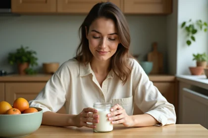 Femme tenant un pot de yaourt probiotique dans une cuisine saine et naturelle, illustrant l'alimentation pour l'intestin irritable