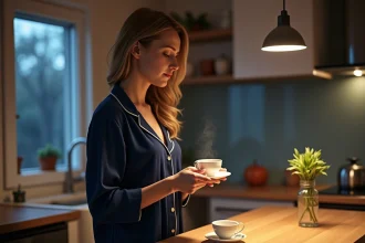 Femme en pyjama dans la cuisine la nuit