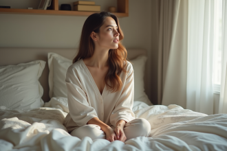Femme assise seule sur un lit confortable en pleine réflexion