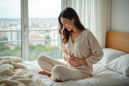 Femme détendue se massant le ventre dans une chambre lumineuse