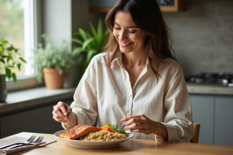 Femme souriante préparant un repas équilibré dans la cuisine