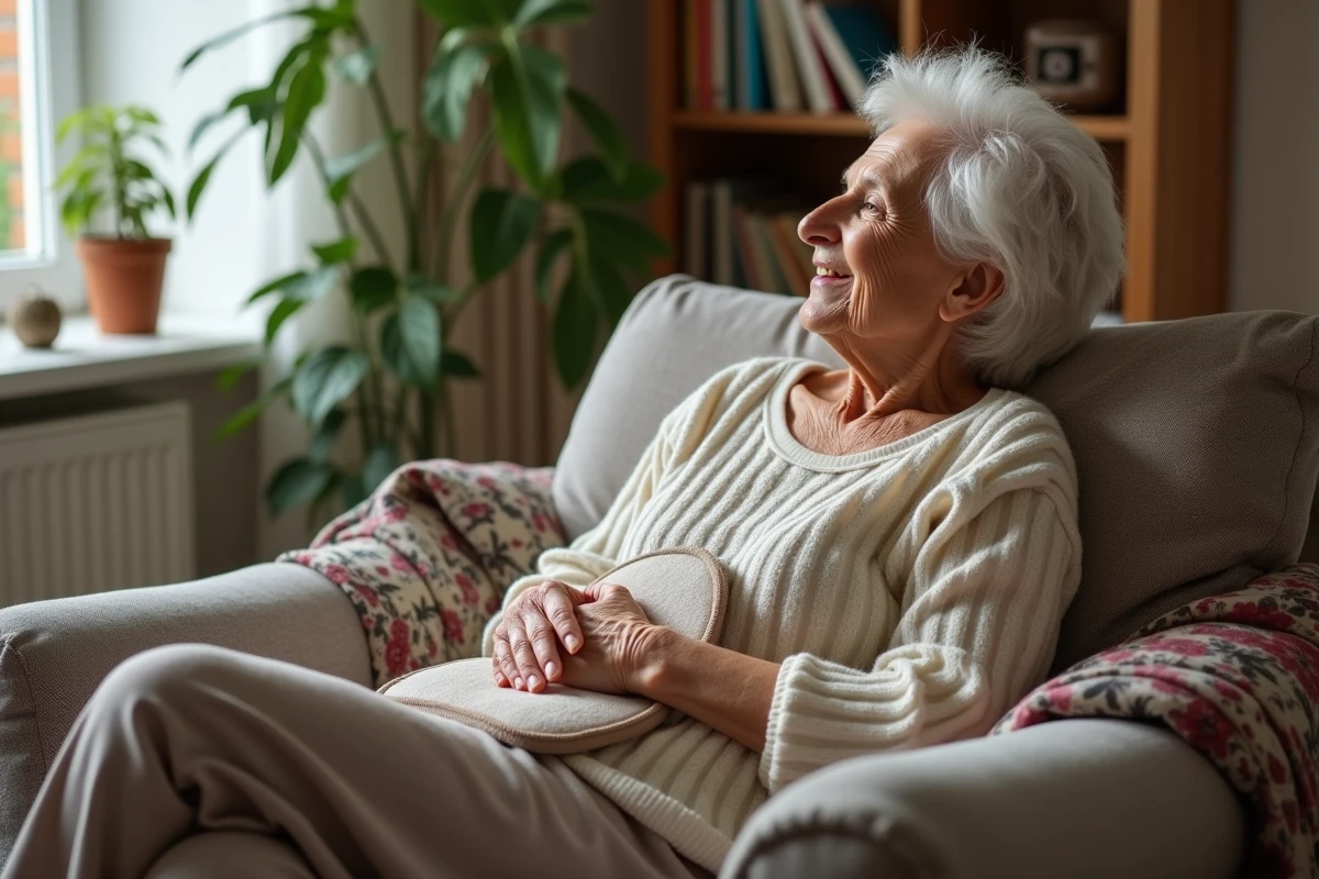 Femme âgée relaxant avec pack de linseed sur le dos