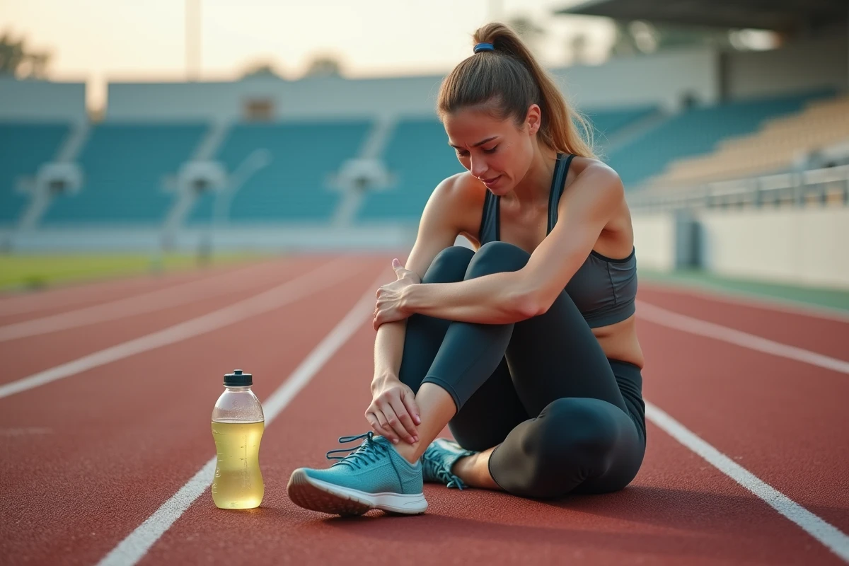 Femme coureuse assise sur piste en train de masser sa jambe
