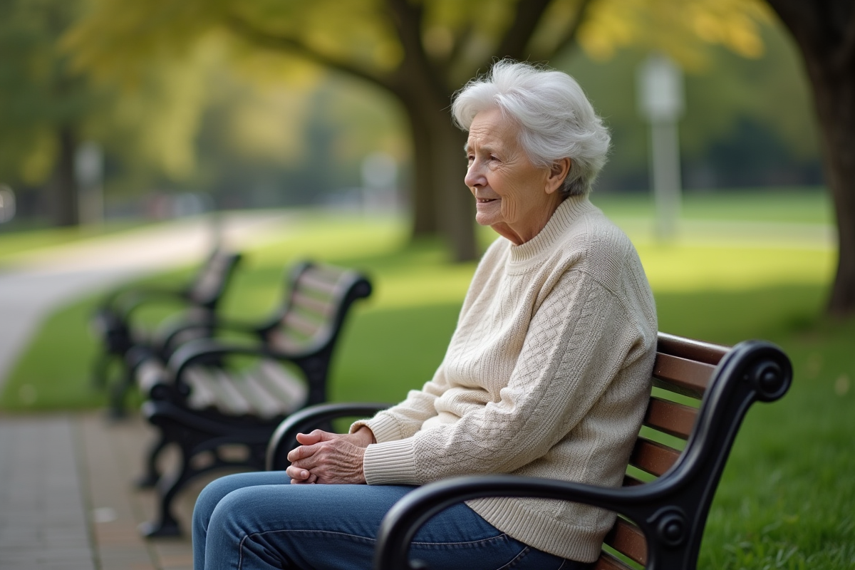 Femme âgée assise sur un banc dans un parc calme