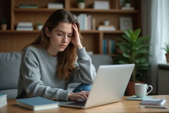 Femme fatiguée en intérieur avec ordinateur et livres