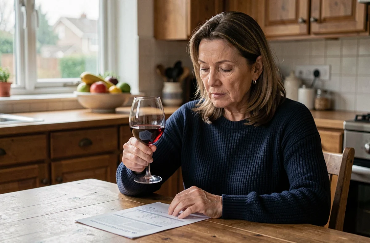 Femme adulte examinant ses résultats d'analyse sanguine avec un verre de vin, évoquant les causes du VGM élevé liées à l'alcool