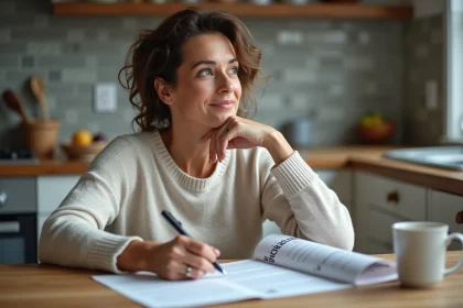 Femme pensive lisant une revue de fitness dans la cuisine