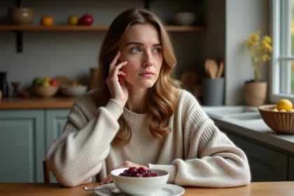 Femme en int&eacute;rieur contemplant sa compote maison