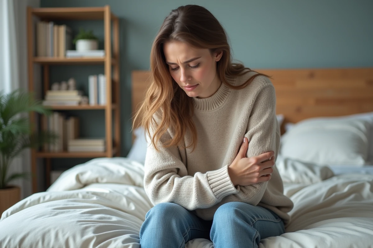 Femme assise sur le lit avec expression de malaise