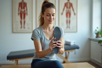 Femme tenant une semelle orthopédique pour pied plat dans une clinique de physiothérapie