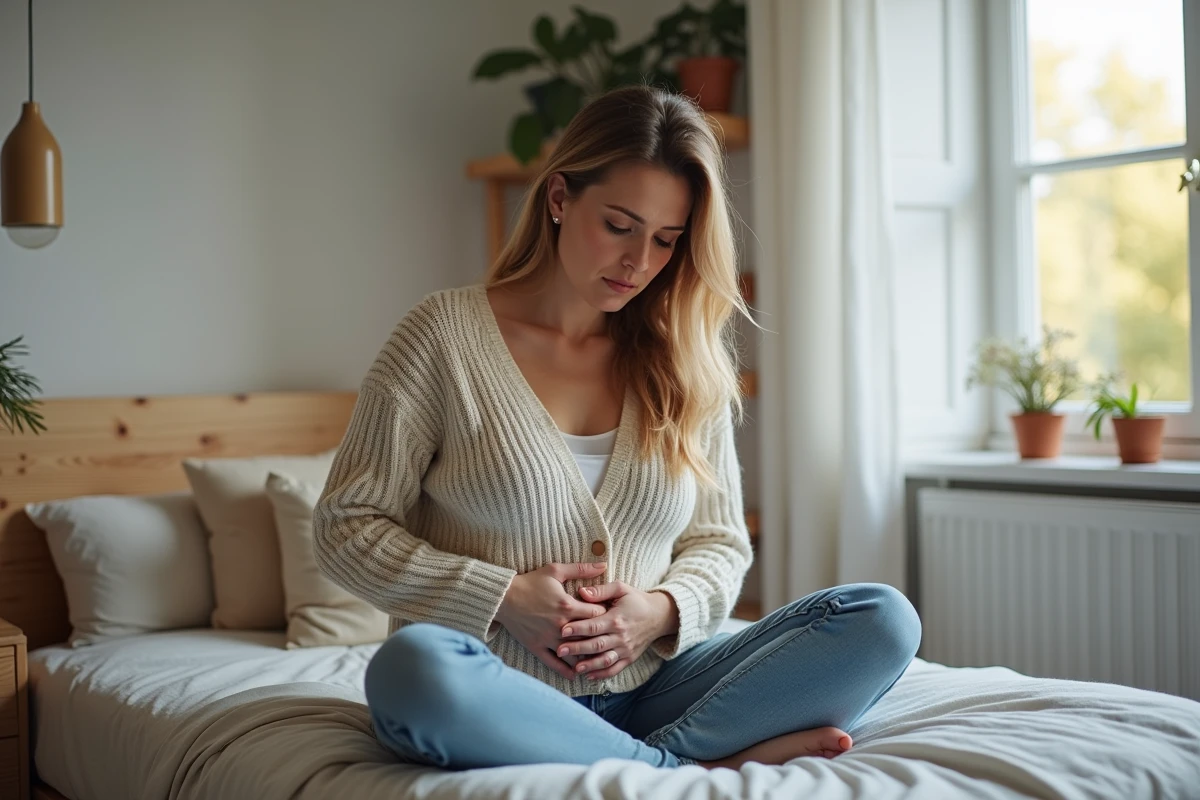 Femme assise sur le lit touchant son ventre avec souci
