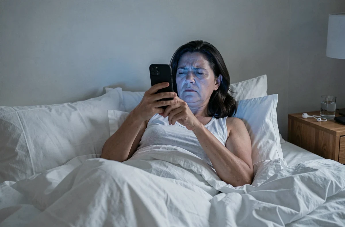 Femme allongée dans son lit regardant son smartphone la nuit, tension musculaire visible dans les épaules et la mâchoire