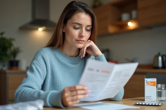 Femme lisant une notice de medicament dans une cuisine chaleureuse