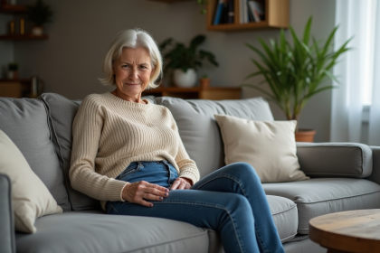 Femme assise sur un canapé en train de se faire mal à la jambe
