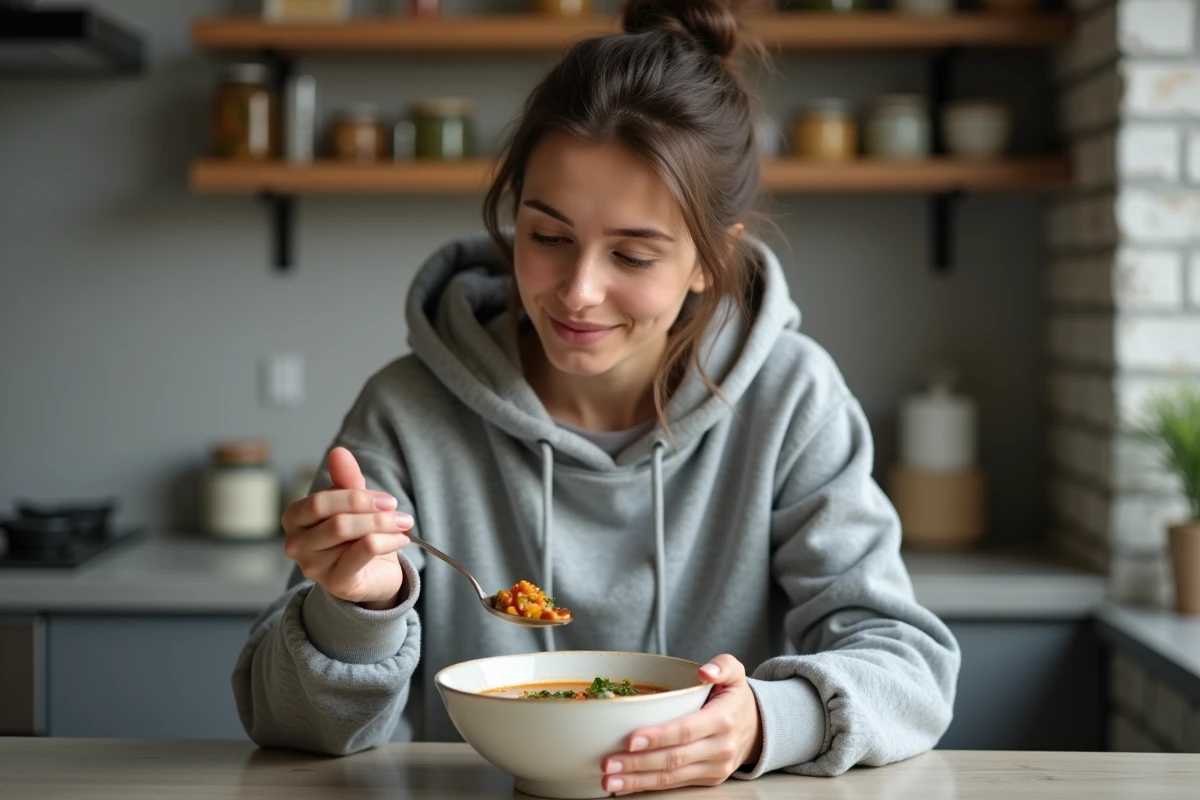Jeune femme mangeant une soupe tiède après une extraction dentaire dans une cuisine moderne