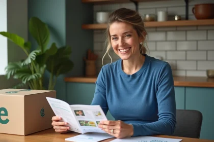 Femme souriante avec kit repas regimebox &agrave; la maison